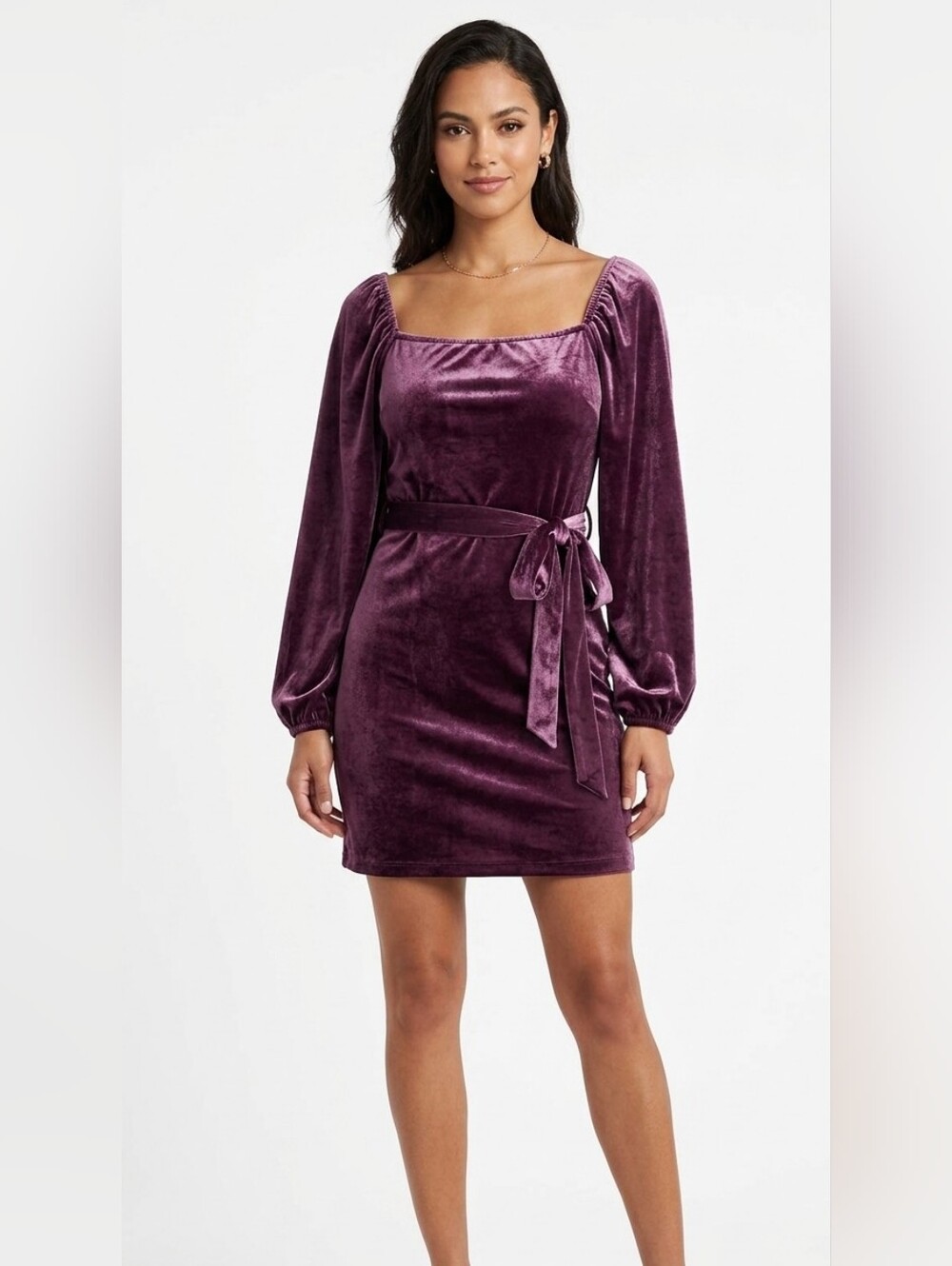 And Now This Velvet Square-Neck Long-Sleeve Mini Dress in Plum XL